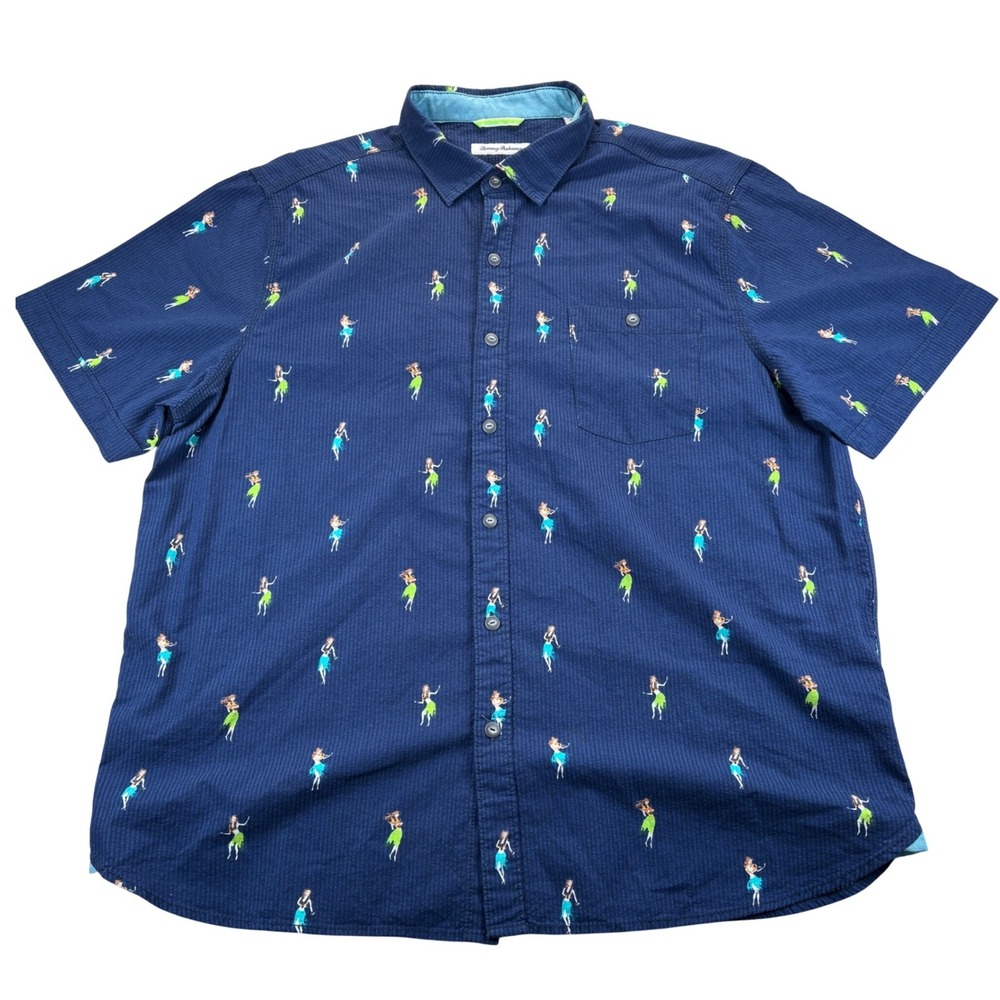 Tommy Bahama Hula Girl Seersucker Shirt Mens XL Navy Tropical Aloha Beachy Retro